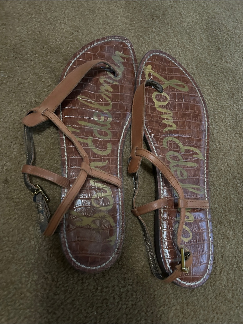 Sam Edelman Tan Croc-Embossed Leather T-Strap Sandals